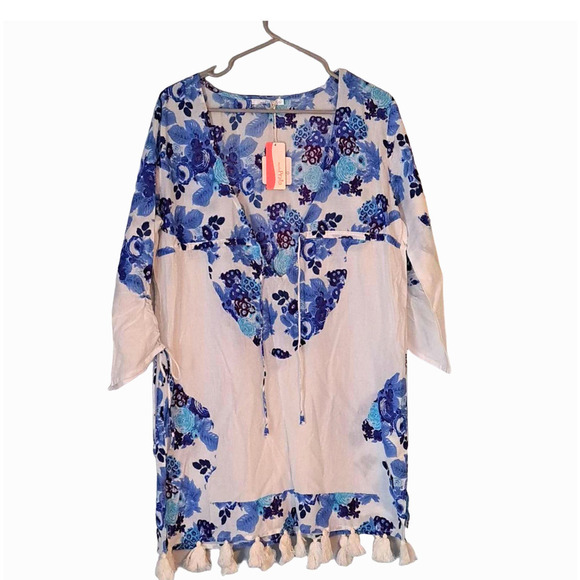 moda Praia Tops - Moda Praia white and blue floral tunic/NWT Fringe Swim Cover